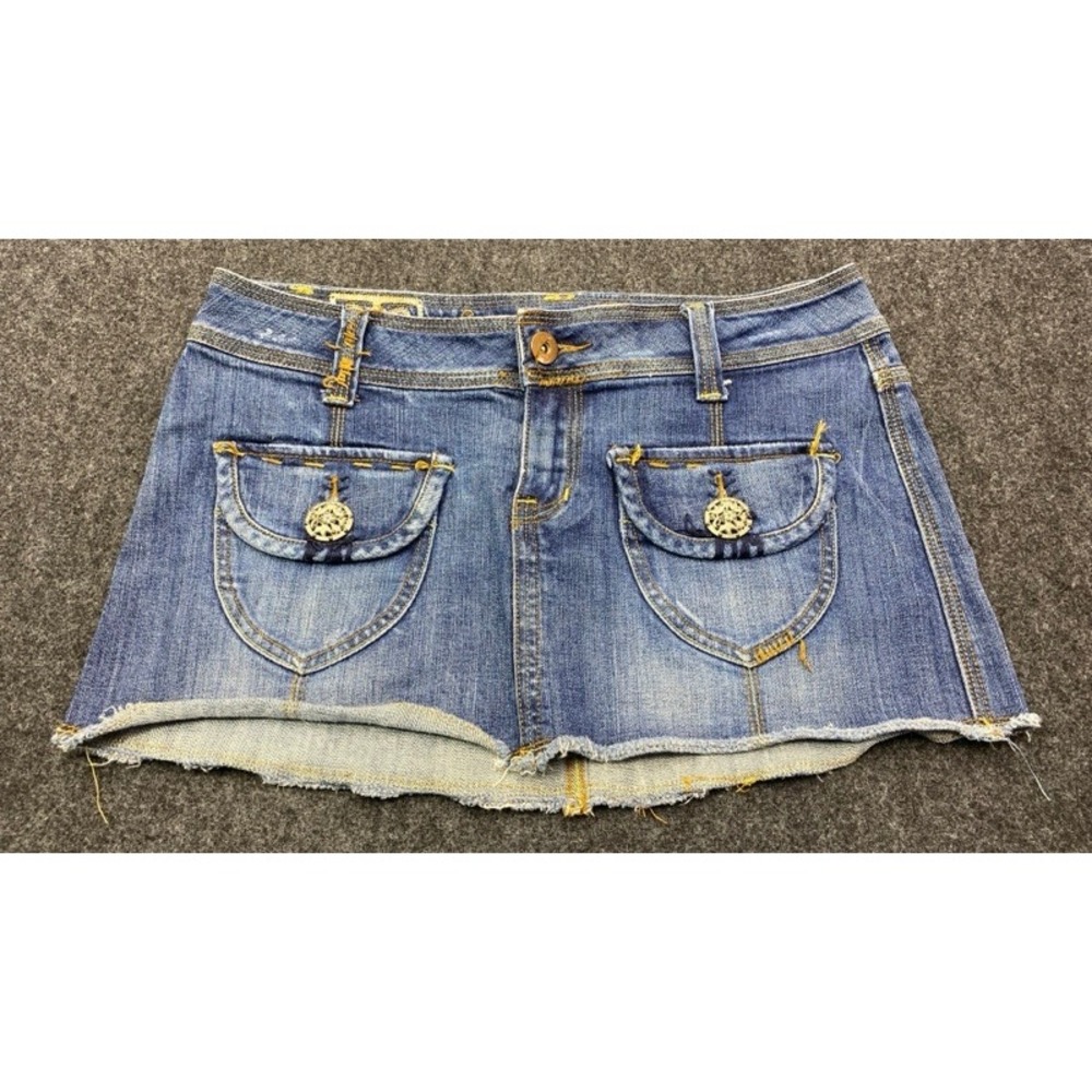 Request Denim Mini Skirt Womens Size M Blue Low Beaded Rhinestone Y2K Raw Hem
